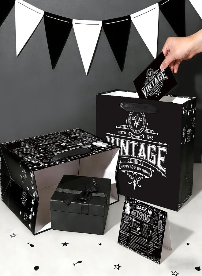 Woosytoo 40th Birthday Gifts Bag Vintage Back in 1986 Gift Bags with Greeting Card Black Silver 40th Birthday Wrapping Paper Bag for Women Man Forty 40 Year Old Bday Party Favors Supplies - Image 4